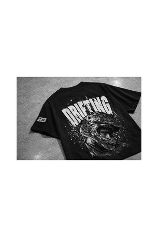 Yolo Street Oversize Unisex Drift Racing Baskılı Siyah Tişört %100 Pamuk Streetwear Siyah