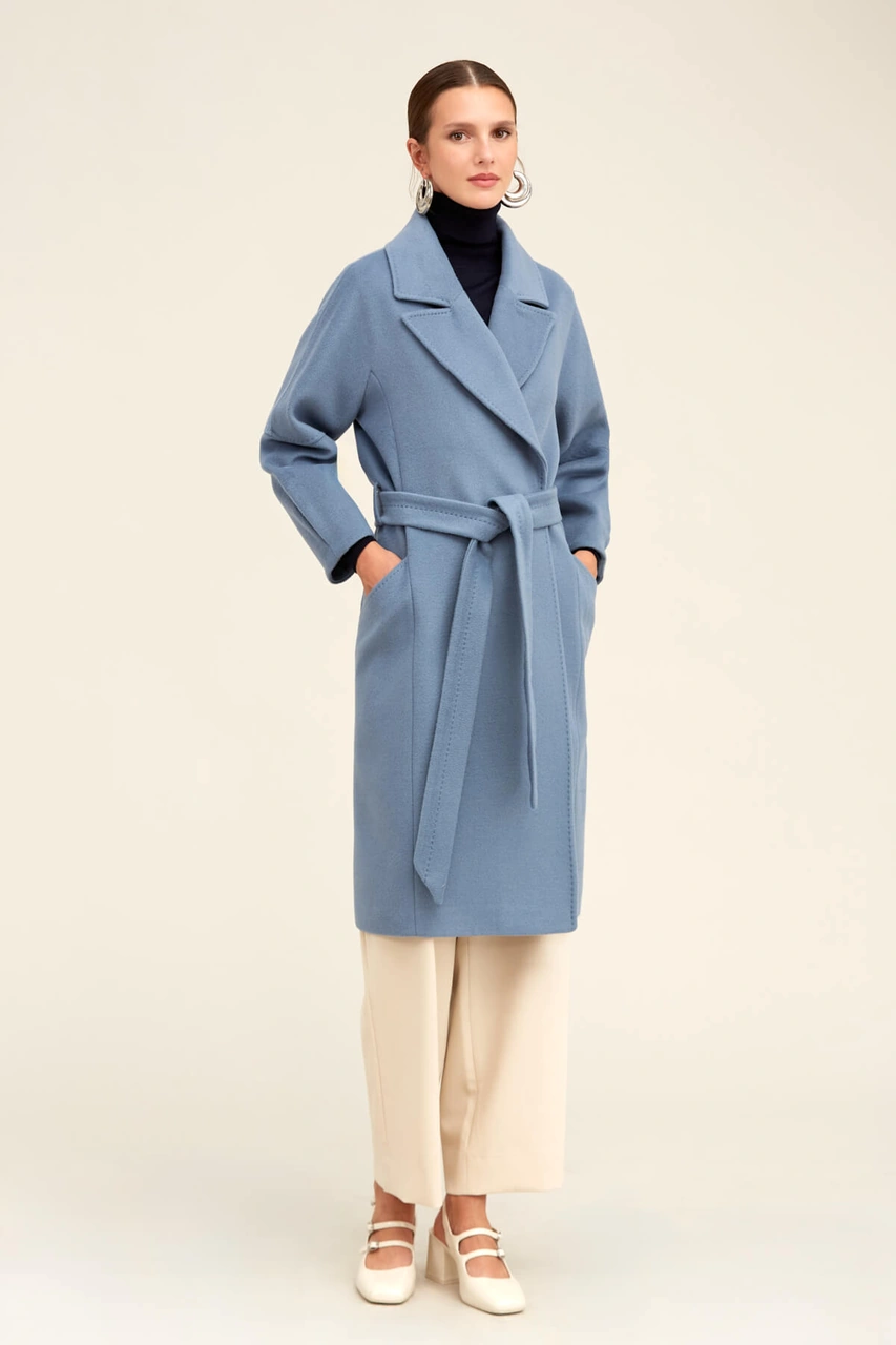 Saykı Woman Mavi Regular Fit Ceket Yaka Kaşe Yünlü Oversize Manto Mavi