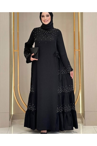 Taş İşleme Detaylı Sparklin Kumaş Abiye Elbise Siyah