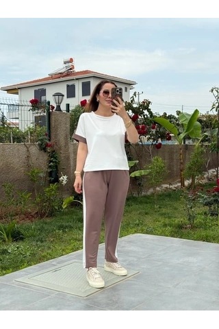 Vexor Kadın Modal Dokulu Kumaş Yanı Şeritli Takım Sütlü Kahve