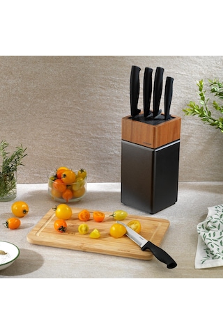 Schafer Solide Standlı 6 Parça Bıçak Seti Ahşap Takozlu Gri