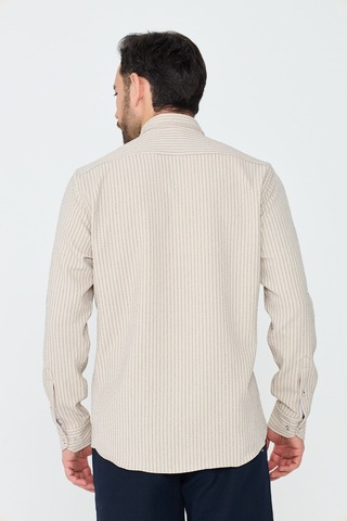 White Stone Krem Rengi Çizgili Dynamic Fit Erkek Uzun Kollu Gömlek