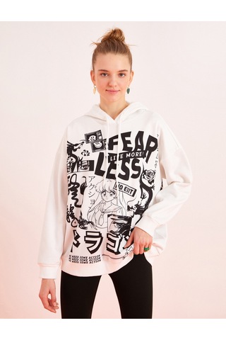 Koton Kapüşonlu Baskılı Sweatshirt Ekru 2sal10463ık