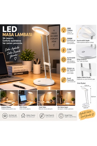 Led Masa Lambası 3.3w 180 Lumen 3000k Sıcak Beyaz Ayarlanabilir Başlıklı Çalışma Ve Ders Lambası