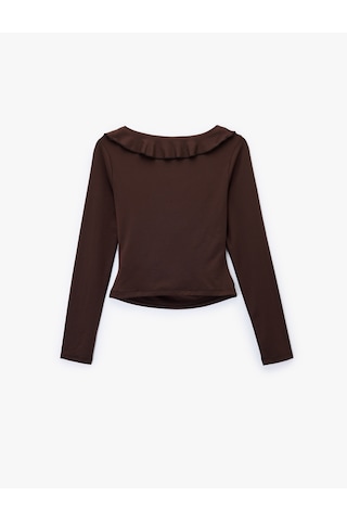 Koton Fırfır Detaylı Uzun Kollu Slim Fit V Yaka Tişört Kahverengi 6wal10543ık Kahve