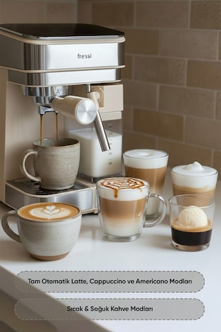 Fressi Espresso Latte Cappuccino Kahve Makinesi Otomatik Süt Tanklı 20bar Basınçlı Lavante Krem 4506