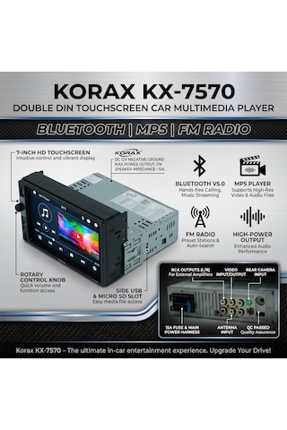 Korax Kx-7570 Double Din Dokunmatik Ekran Araç Multimedya Teyp - Bluetooth, Mp5, Fm Radyo