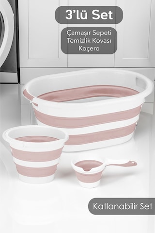 3'lü Temizlik Seti - Katlanır Sele Çamaşır Sepeti-katlanabilir Su Kovası - Koçero Maşrapa Soft Pembe