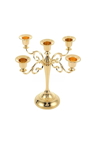 5 Gözlü Şık Restoran Düğün Şamdan Dekoratif Metal Gold Mumluk Mt156gld Altın