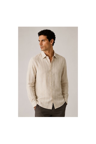 %100 Saf Keten Çizgili Uzun Kollu Regular Fit Erkek Gömlek Mes129774-01 Bej