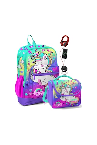 Coral High Okul Çantası Ve Termal Beslenme Çanta Seti - Kız Çocuk Lavanta Unicorn Usb Ve Aux Çıkışlı