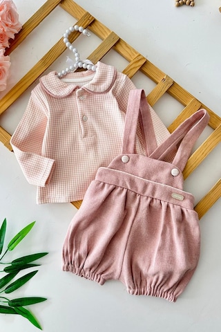 Minigimin Cicileri Miniğimin Cicileri Kışlık Kız Bebek Askılı Şort Tulum Salopet Takım - Pudra