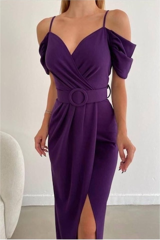 Lior Design Kadın Trend Krep Kumaş V Yaka Yırtmaçlı Abiye Elbise Mor