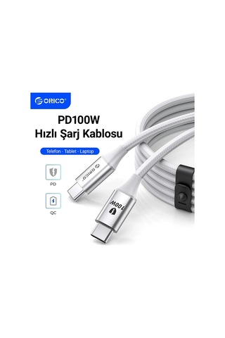 Orico CDX-100CC-WH-BP 100W 5A PD USB-C to USB-C Hızlı Şarj ve Data Kablosu 1 M