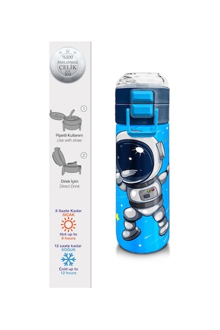 Coral High Kids Lacivert Mavi Astronot Desenli Pipetli Ve Direkt İçim Çelik Termos 500 Ml 31804 Mavi
