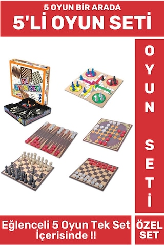 Özel Eğitici Eğlenceli Çocuk Yetişkin Kızma Birader Satranç Tavla Dama 9 Taş Tek Kutu 5'li Oyun Seti