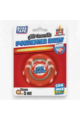 Boss Tape Çift Taraflı Polyester Bant 15mm-5mt 140 C Isıya Dayanıklı