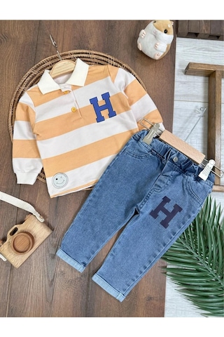 Şerit Çizgili Detaylı Likralı Polo Yaka Erkek Bebek Takım Sari