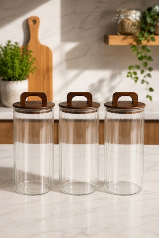 Aria- 3'lü Borosilikat Bambu Kapaklı Kavanoz 1300 Ml Çizgili Kahverengi