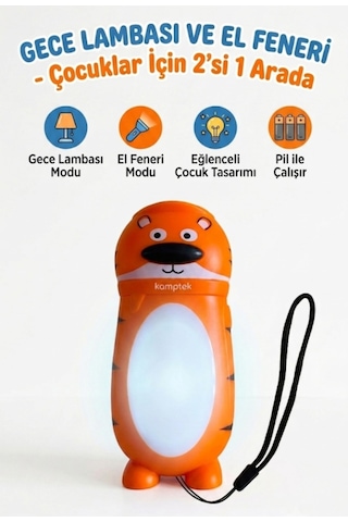 Kamptek Minimal Figürlü Hem El Feneri Hem Gece Lambası Kamp Işığı Gece Lambası Sevimli Figürler Pilli Lamba 11 6 Cm Askı İpli Turuncu