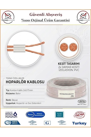 Trendhomm 2x0,75 Bitişik Hoparlör Tesisat Kablosu - Beyaz - 50 Metre