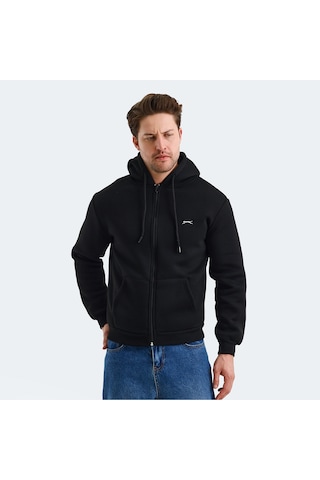 Slazenger CUDI I Erkek Fermuarlı Kapüşonlu Cepli Siyah Sweatshirt
