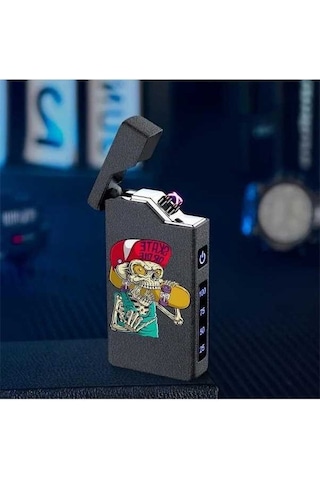 Trendooze Gaojunshop01 Siyah Rüzgar Geçirmez Usb Şarjlı Dijital Çakmak Çift Arklı Siyah Siyah