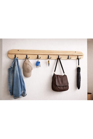 120 Cm 7 Kancalı Oval Kesim Ahsap Renk Duvara Monte Askılık Bal Meşe