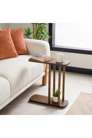 Furnirem Masif Çam Ahşap Modern C Sehpa Koltuk Yanı Yan Sehpa 55x49x19 Cm Koyu Ceviz