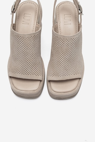 Luvi Shoes Penvıa Bej Süet Hakiki Deri Kadın Kalın Topuklu Sandalet