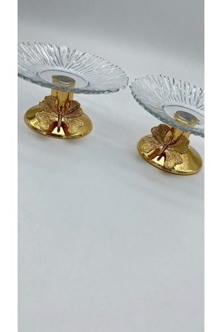 2'li 13cm Gold Kelebek Detaylı Metal Ayaklı Cam Lokumluk , Sunumluk , Şekerlik, Çerezlik Gold