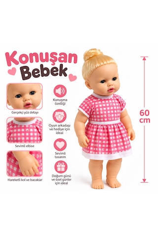 60 Cm Konuşan Bebek Pembe Kareli Elbiseli Gerçekçi Oyuncak Bebek 001