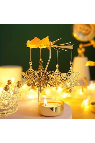 Altın Renkli Dönebilen Metal Tealight Mumluk Kar Tanesi Ve Noel Figürlü Dekoratif Mumluk Gold