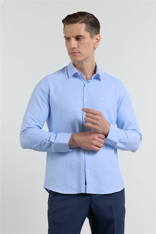 İmza Mavi Sert Yaka Uzun Kol Cepsiz Slim Fit Pamuklu Gömlek 1004255284