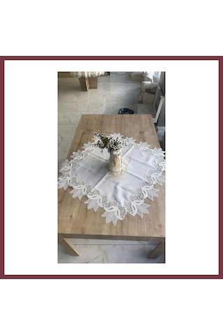 Storeşahin Masa Üzerine Runner, Sehpa Örtüsü Fransız Dantel Detaylı Kare 88x 88 Cm Kayla Kreme Gold Shn0720