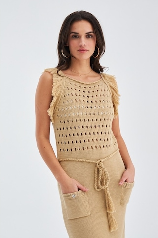 Peraluna Mıyokı Dress %100 Pamuk Diz Hizası Yazlık Kadın Triko El Bej