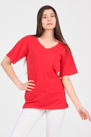 As Collection Kırmızı V Yaka Kısa Kol Boyfriend Kadın T-shirt Kırmızı