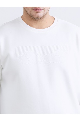 Lcwaıkıkı Classic Beyaz Büyük Beden Bisiklet Yaka Baskılı Erkek Kalın Sweatshirt