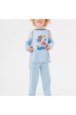 Süper Heros Çanta Ve Maskeli % 100 Pamuk Erkek Çocuk Pijama Takımı Mavi