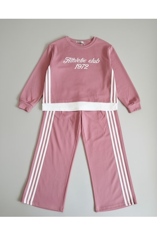 "athletic Club" Baskılı, Üç Çizgili Pembe-beyaz Geniş Paça Kız Çocuk Eşofman Takımı Pembe