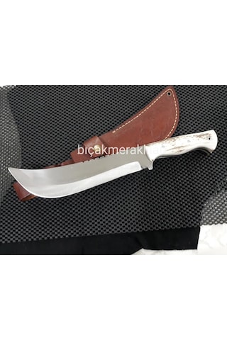 Büyük Av Kamp Bıçağı 34 CM 4mm 4134 Çelik Geyik Boynuzu Kahverengi - Gümüş