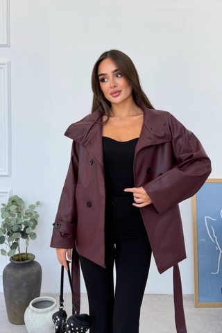 Meecy Kısa Suni Deri Trençkot Ceket Bordo Bordo