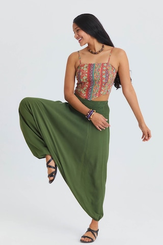 Drape Detay Beli Lastikli Şalvar Pantolon Açık Haki