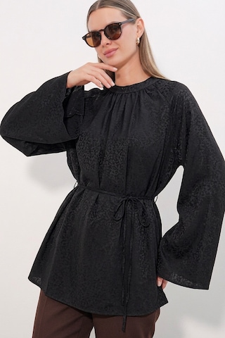 Bigdart Kadın Çizgili Bağcıklı Oversize Tunik 50009 - Siyah