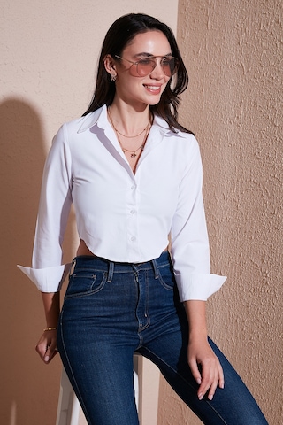 Lela Pamuk Karışımlı Slim Fit Uzun Kollu Crop Bayan Gömlek 6777336 Beyaz