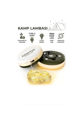 Kamptek Şarj Edilebilir Kamp Lambası - 10 Metre Peri Led Işıklı, 2000mah, 8 Modlu Taşınabilir Kamp Aydınlatması Beyaz