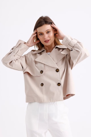 Pastelastore %100 Pamuk Gabardin Astarlı Oversize Geniş Kalıp Kadın Crop Kısa Trençkot 1122 Taş Rengi Taş
