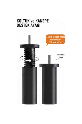 13 Cm-18 Cm Arası Ayarlanabilen Kanepe Ve Koltuk Destek Ayağı Siyah Siyah