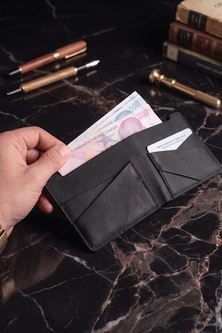 Luvo %100 Hakiki Deri El Yapımı 4 Kart Bölmeli Unisex Minimalist Cüzdan Kartlık İnce Kompakt Kağıt Para Ve Kart Bölmeli Cüzdan Siyah