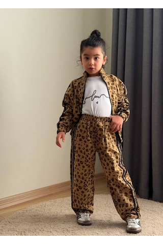 Toikids Kız Çocuk Gabardın Kumaş,leopar Şerit Detaylı 3lü Takım Kahverengi
